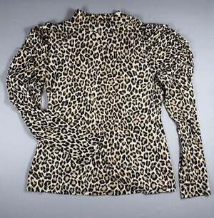 Women's Leopard Print Mock Neck Top L Ruched Puff Sleeve Stretch Y2K